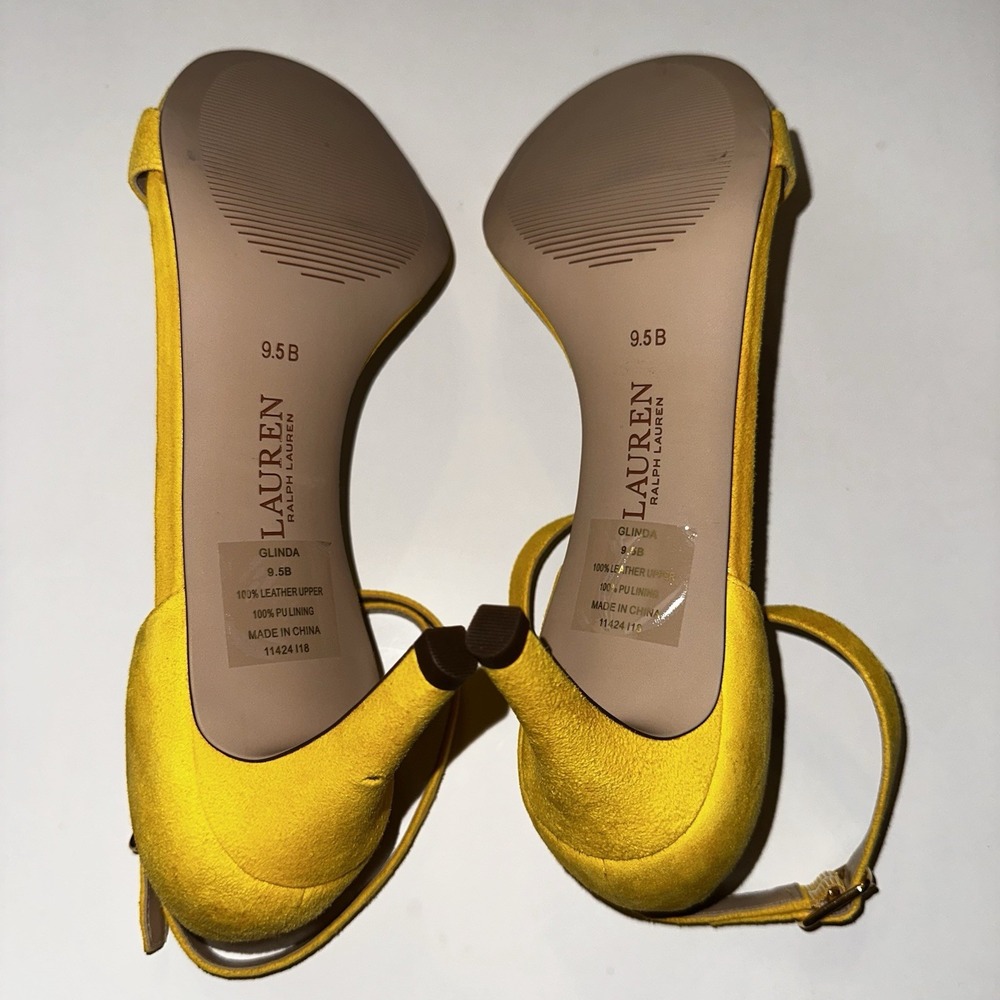 Lauren Ralph Lauren Yellow Glinda 3" Heels Leather Ankle Wrap Womens Sz 9.5B *R* - Picture 7 of 11
